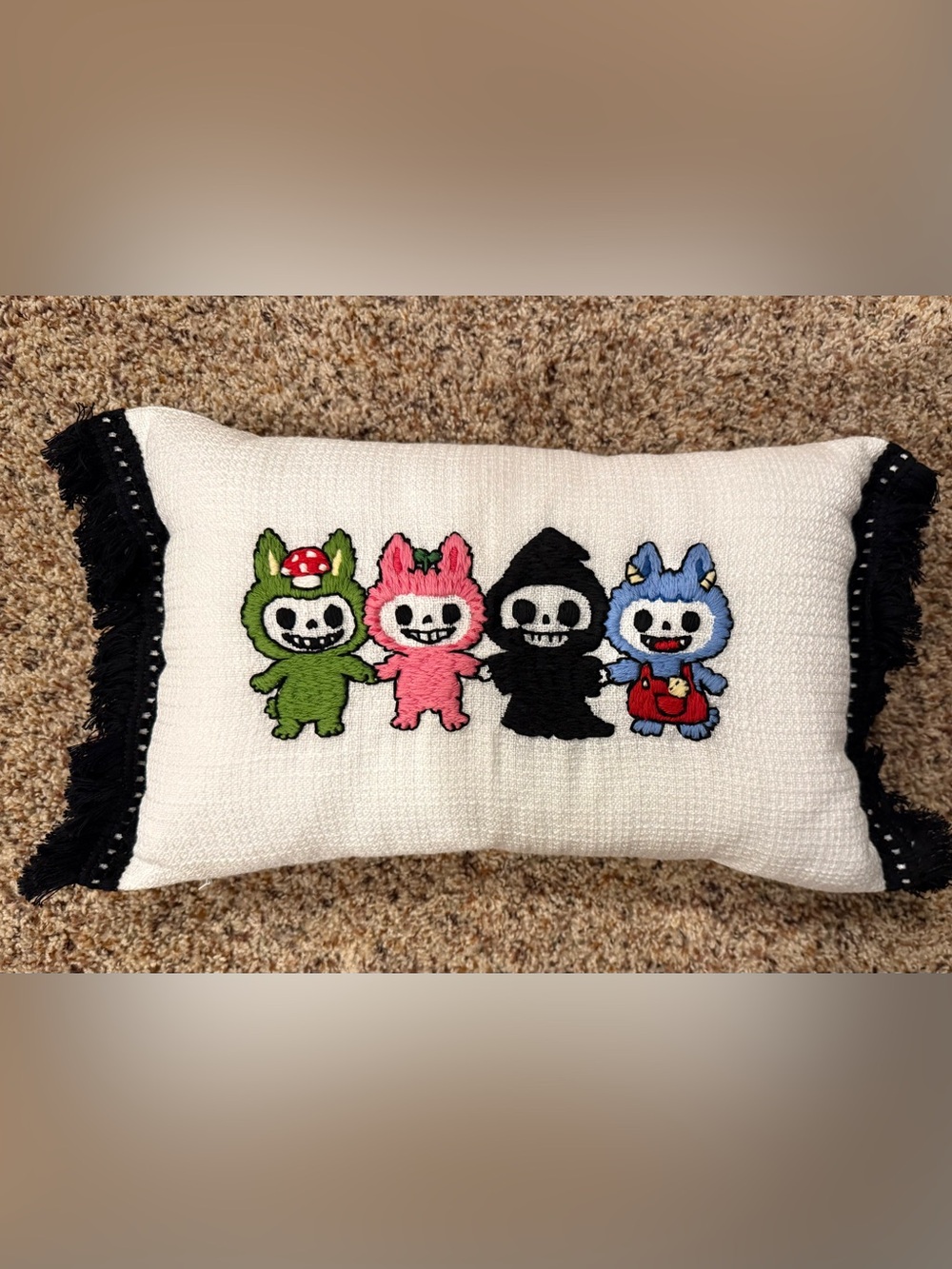 Hand Embroidered Labubu Character Accent Pillow in White & Black